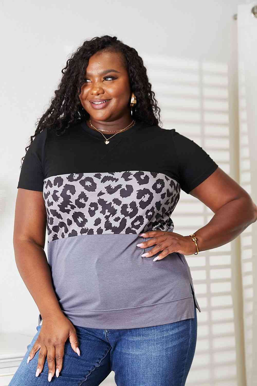 Leopard Print Color Block Short Sleeve T-Shirt - Body By J'ne