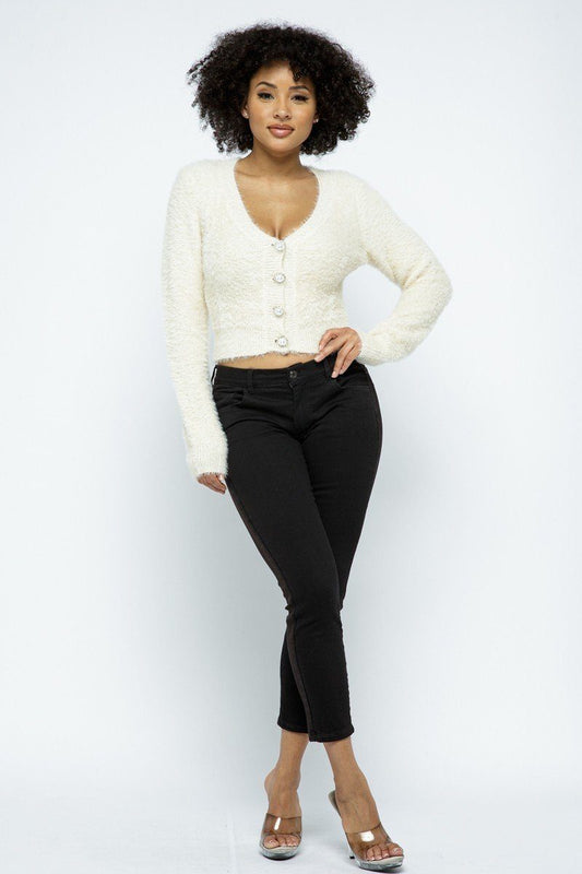 Eyelash Knit Cropped Cardigan With Pearl Button Details - Body By J'ne