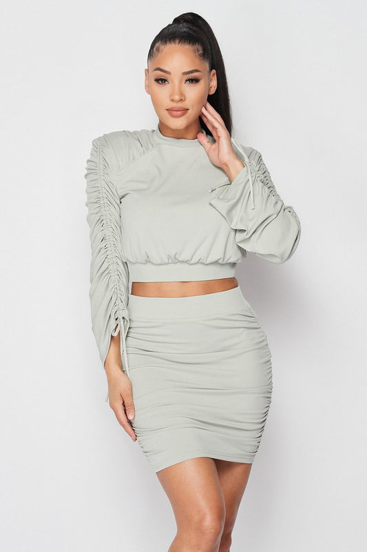 Ruched Long Sleeve And Skirt Set - Body By J'ne