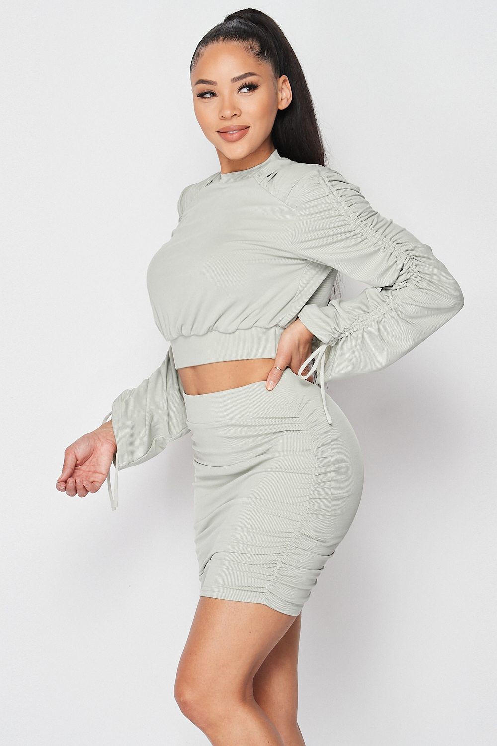Ruched Long Sleeve And Skirt Set - Body By J'ne