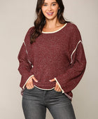 Two-tone Sold Round Neck Sweater Top With Piping Detail - Body By J'ne