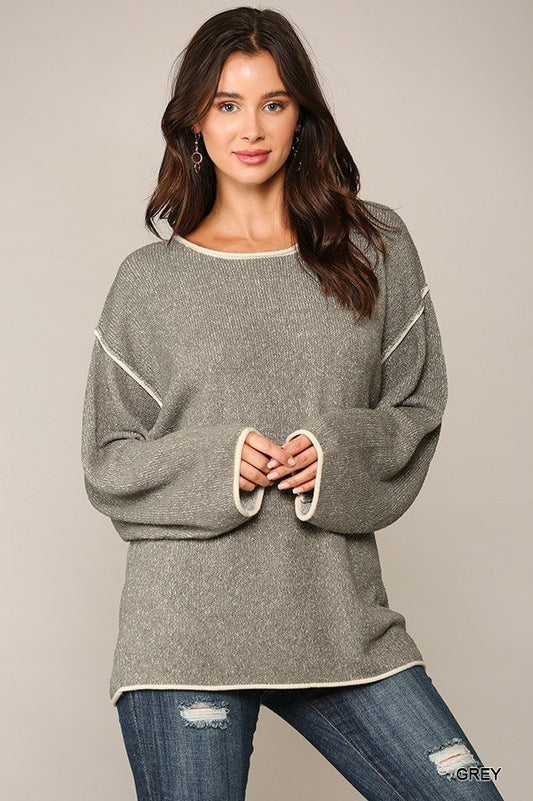 Two-tone Sold Round Neck Sweater Top With Piping Detail - Body By J'ne