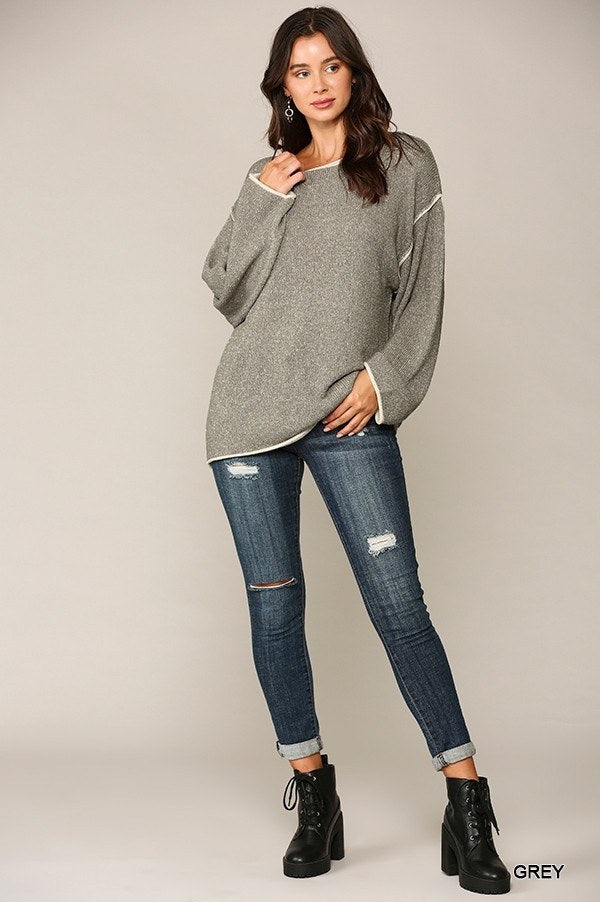 Two-tone Sold Round Neck Sweater Top With Piping Detail - Body By J'ne