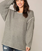 Two-tone Sold Round Neck Sweater Top With Piping Detail - Body By J'ne