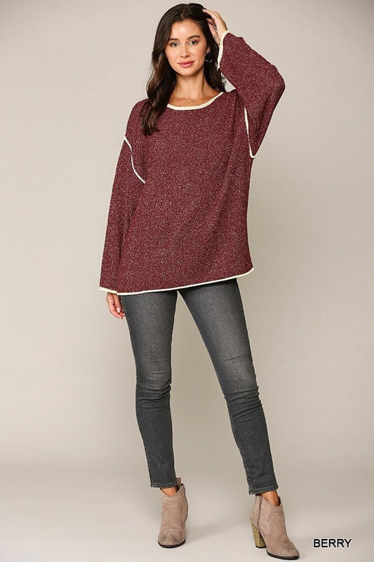 Two-tone Sold Round Neck Sweater Top With Piping Detail - Body By J'ne