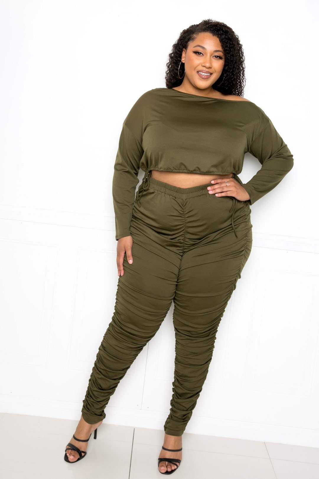 Off Shoulder Cropped Top And Ruched Leggings Sets - Body By J'ne