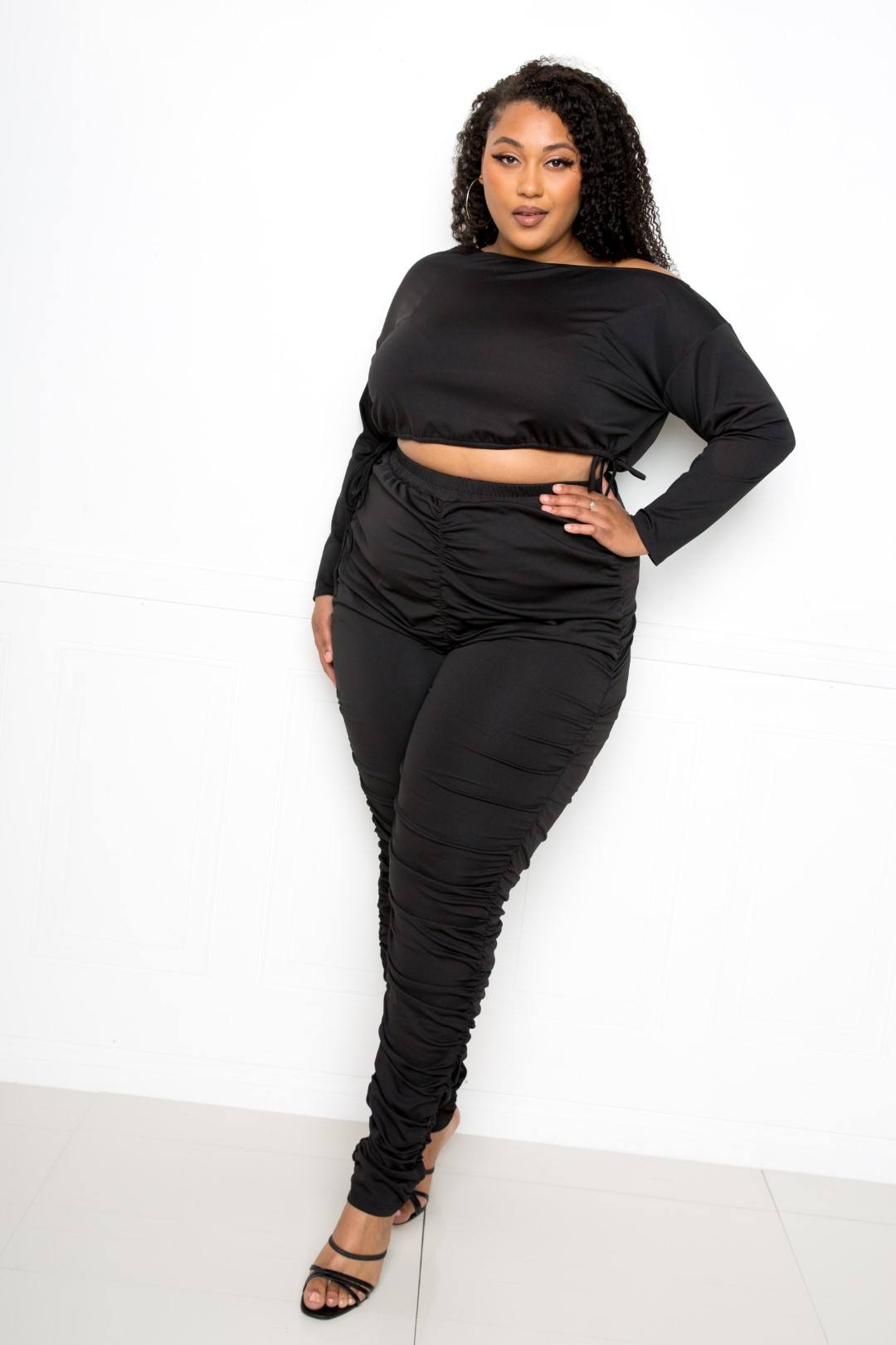 Off Shoulder Cropped Top And Ruched Leggings Sets - Body By J'ne