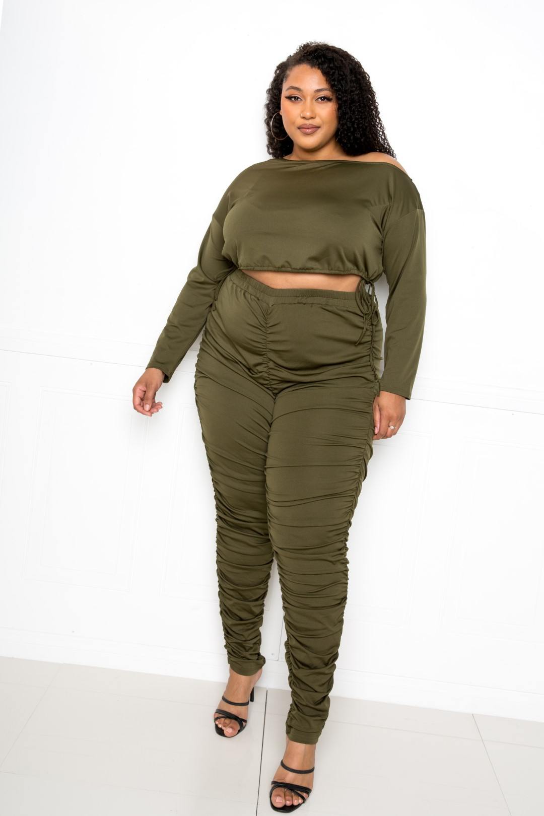 Off Shoulder Cropped Top And Ruched Leggings Sets - Body By J'ne