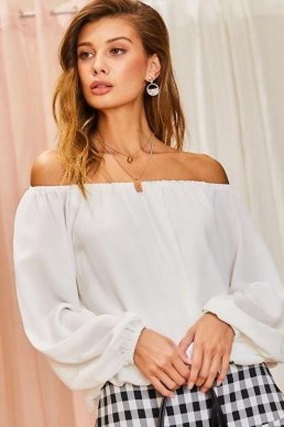 Off Shoulder Long Bubble Sleeve Solid Top - Body By J'ne