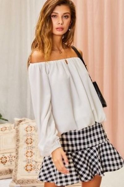 Off Shoulder Long Bubble Sleeve Solid Top - Body By J'ne