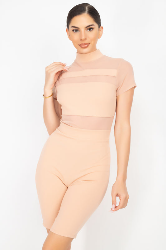 Stripe Mesh Mock Neck Biker Romper - Body By J'ne