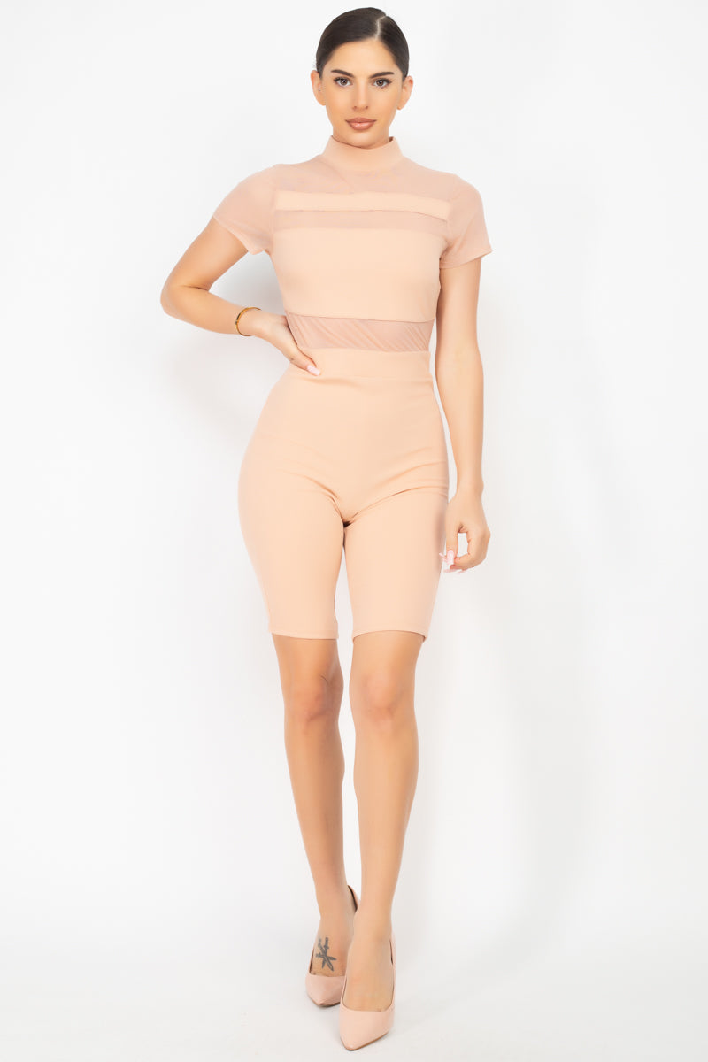 Stripe Mesh Mock Neck Biker Romper - Body By J'ne