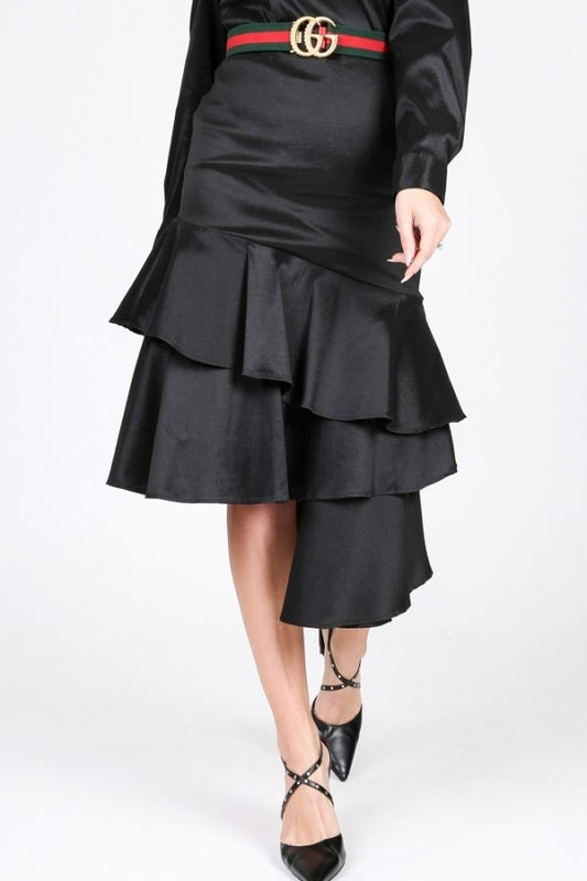 Asymmetrical Ruffle Bottom Satin Skirt - Body By J'ne