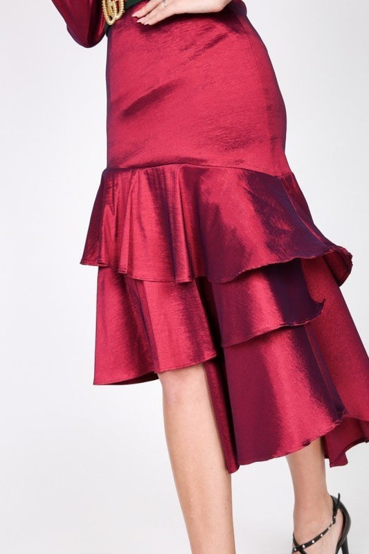 Asymmetrical Ruffle Bottom Satin Skirt - Body By J'ne