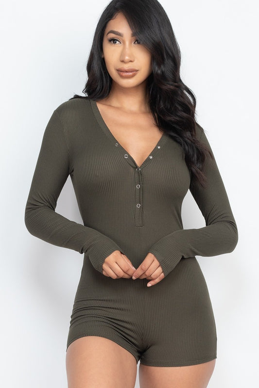 V Neck With Button Tap Bodycon Romper - Body By J'ne