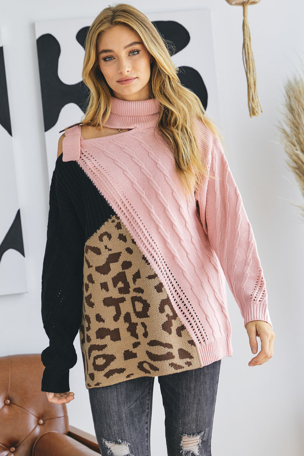 Turtle Neck Color Block Cutout Sweater - Body By J'ne