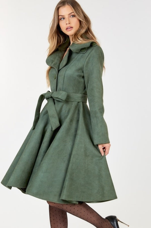 Button Tacking Collar A Line Suede Coat - Body By J'ne