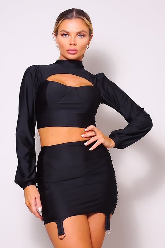Puff Long Sleeve Front Cutout Turtleneck Blouse & Side Ruched Garter Mini Skirt Set - Body By J'ne