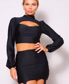 Puff Long Sleeve Front Cutout Turtleneck Blouse & Side Ruched Garter Mini Skirt Set - Body By J'ne