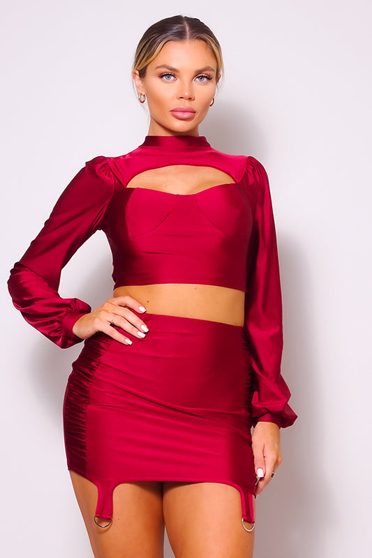 Puff Long Sleeve Front Cutout Turtleneck Blouse & Side Ruched Garter Mini Skirt Set - Body By J'ne