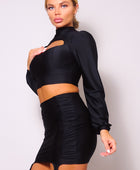 Puff Long Sleeve Front Cutout Turtleneck Blouse & Side Ruched Garter Mini Skirt Set - Body By J'ne