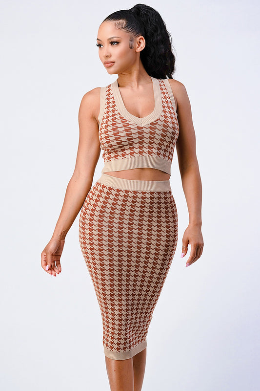 Luxe Gingham Rib Knit Top And Skirt Sets - Body By J'ne