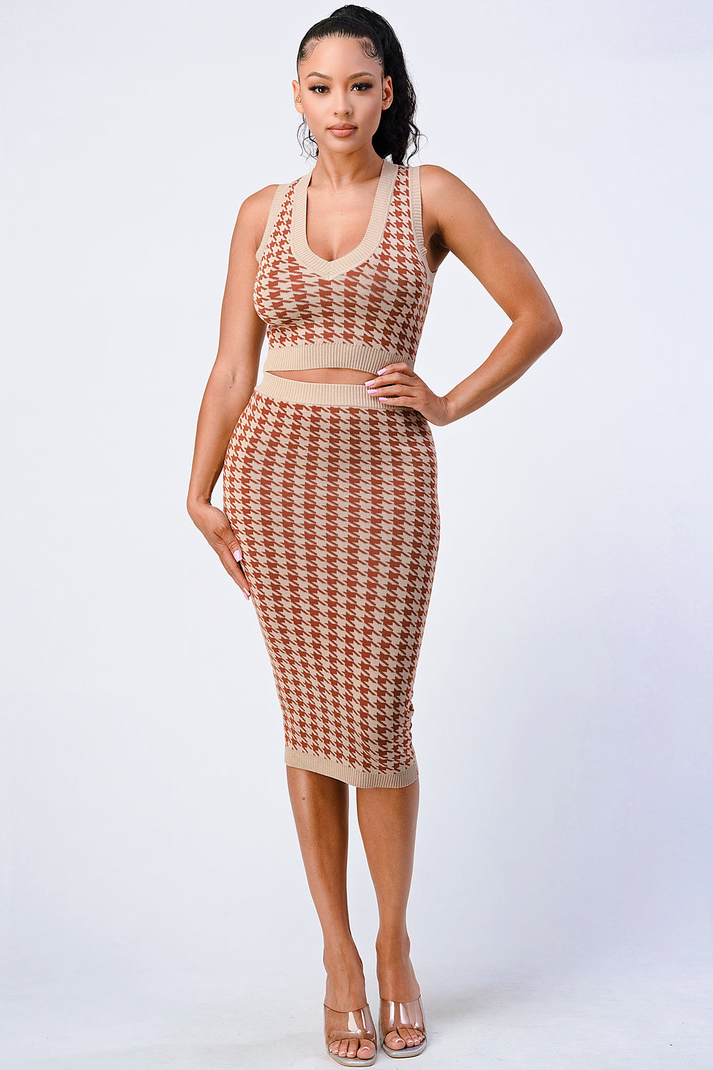 Luxe Gingham Rib Knit Top And Skirt Sets - Body By J'ne