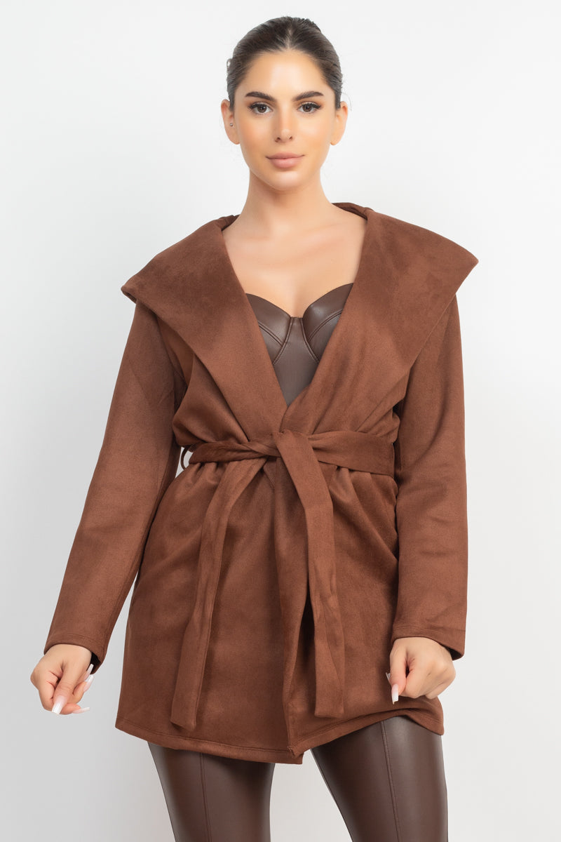Suede Hooded Waist-tie Belt Jacket - Body By J'ne