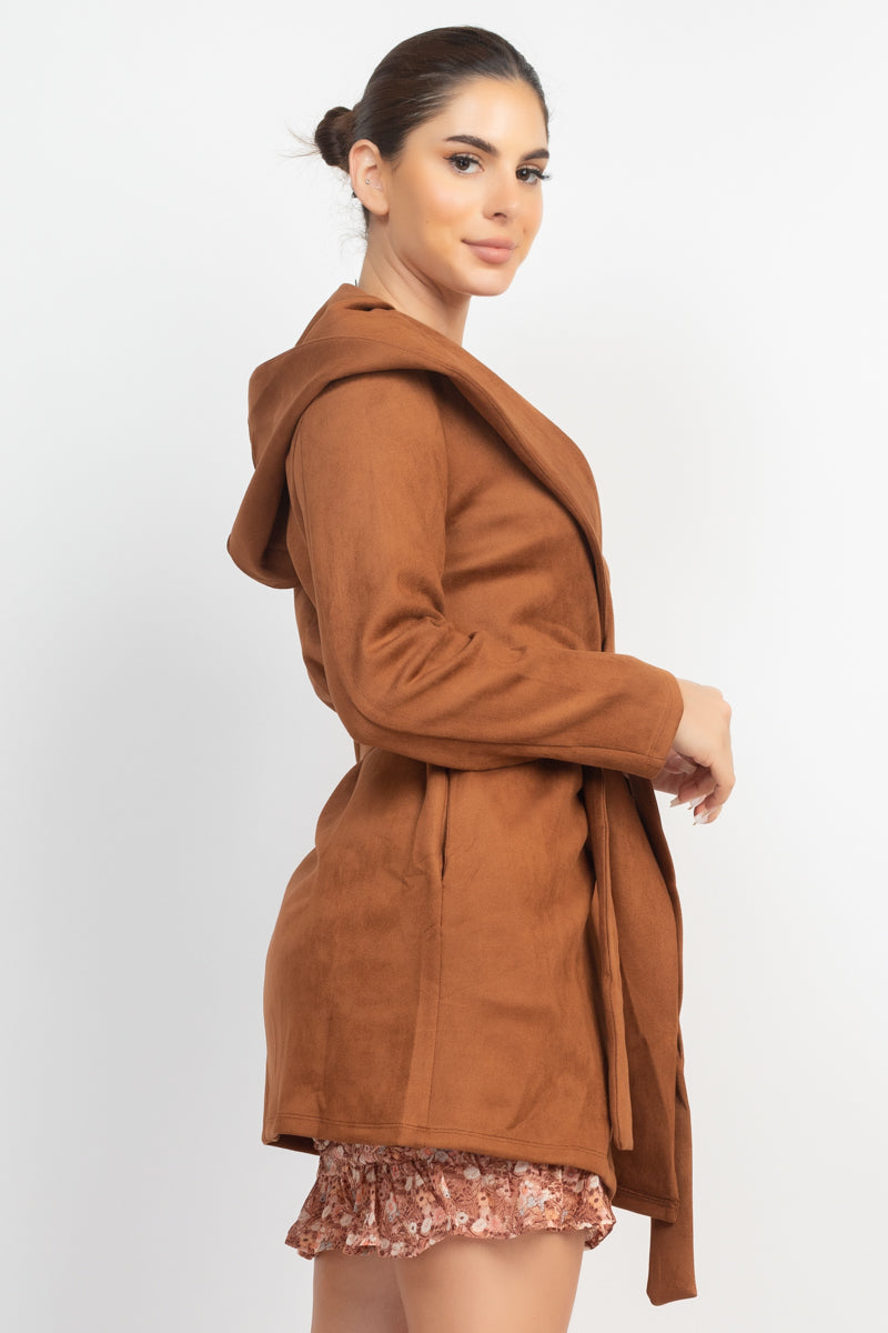 Suede Hooded Waist-tie Belt Jacket - Body By J'ne