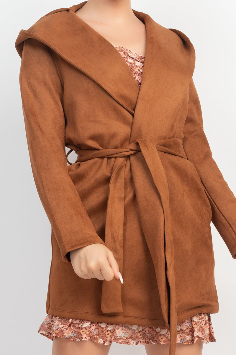 Suede Hooded Waist-tie Belt Jacket - Body By J'ne