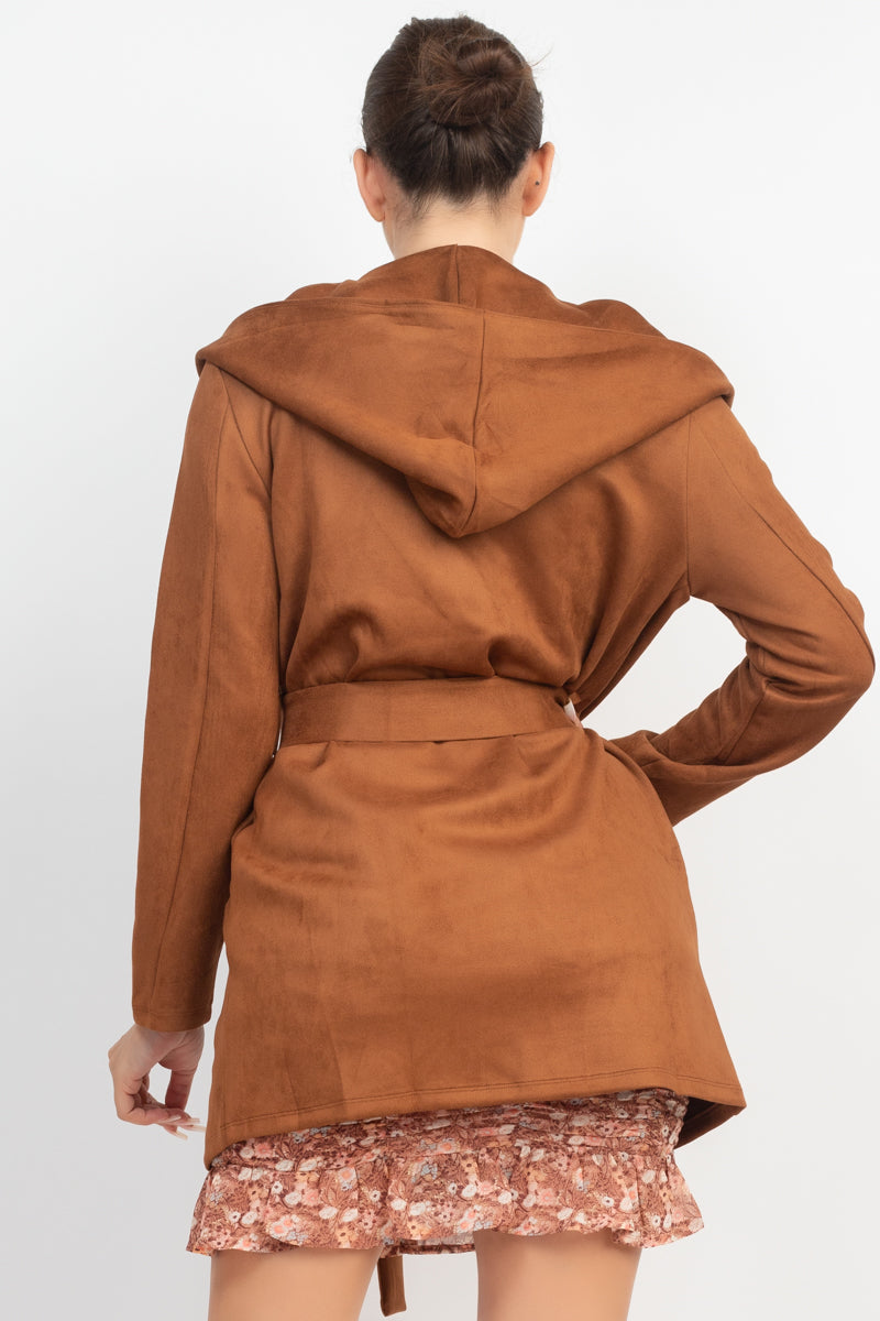 Suede Hooded Waist-tie Belt Jacket - Body By J'ne