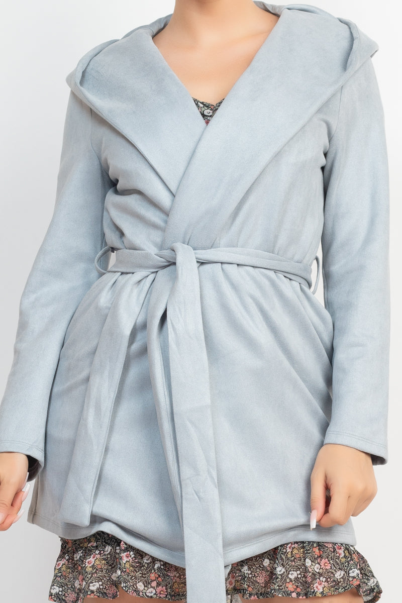 Suede Hooded Waist-tie Belt Jacket - Body By J'ne