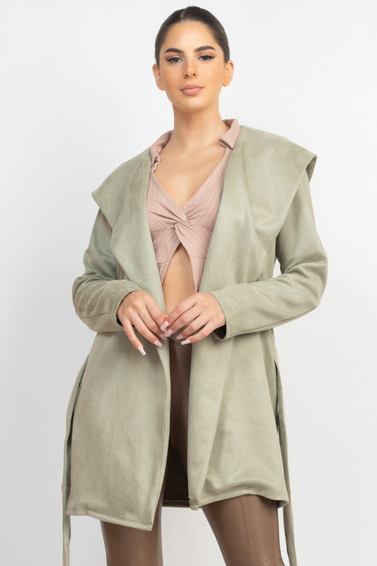 Suede Hooded Waist-tie Belt Jacket - Body By J'ne