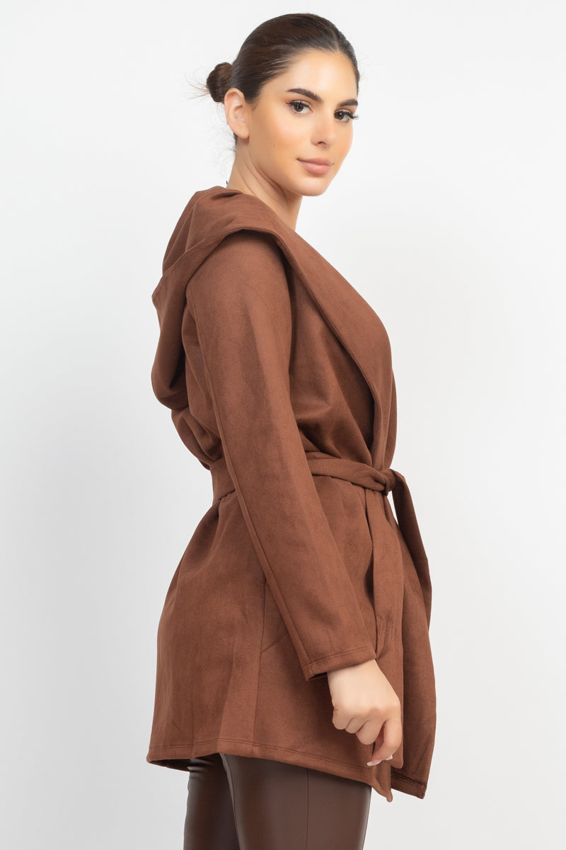 Suede Hooded Waist-tie Belt Jacket - Body By J'ne