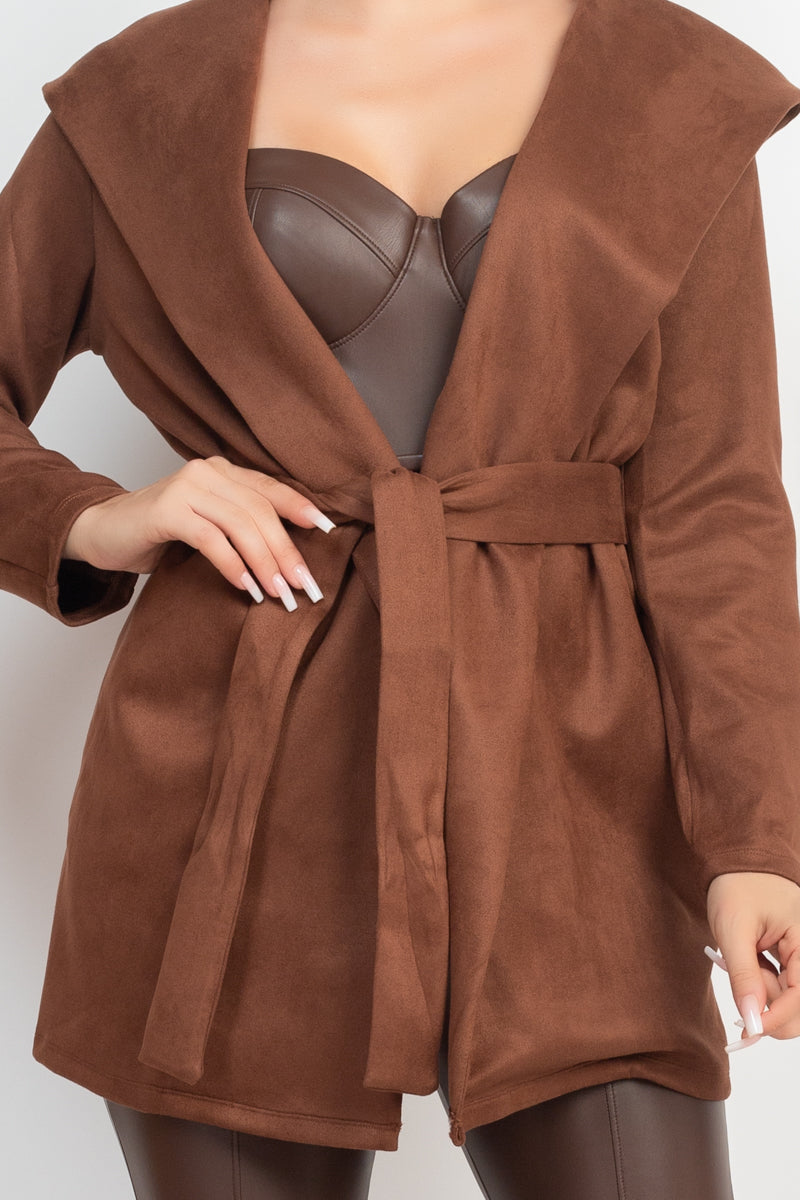 Suede Hooded Waist-tie Belt Jacket - Body By J'ne