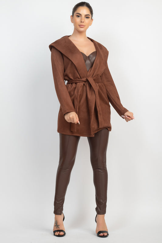 Suede Hooded Waist-tie Belt Jacket - Body By J'ne