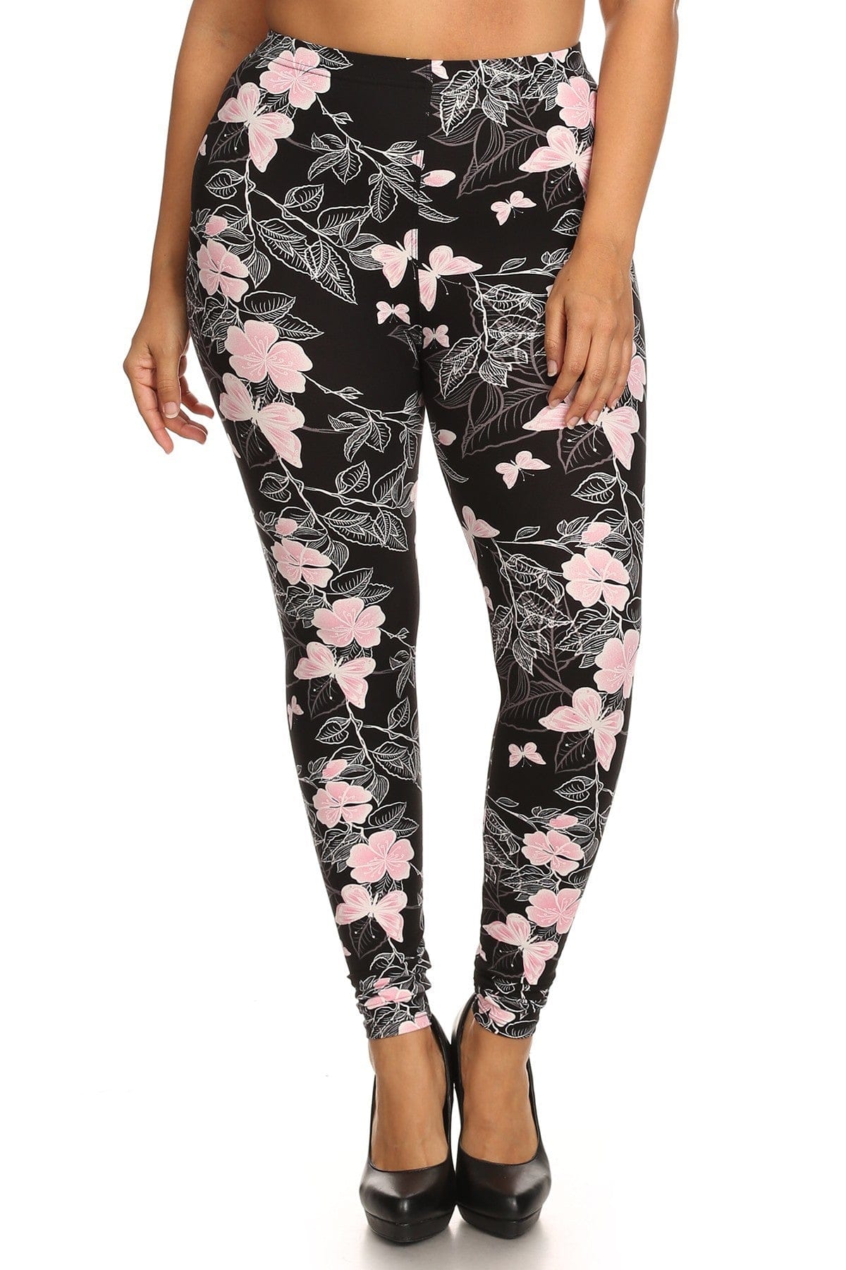 Plus Size Super Soft Peach Skin Fabric, Butterfly Graphic Printed Knit Legging With Elastic Waist Detail - Body By J'ne