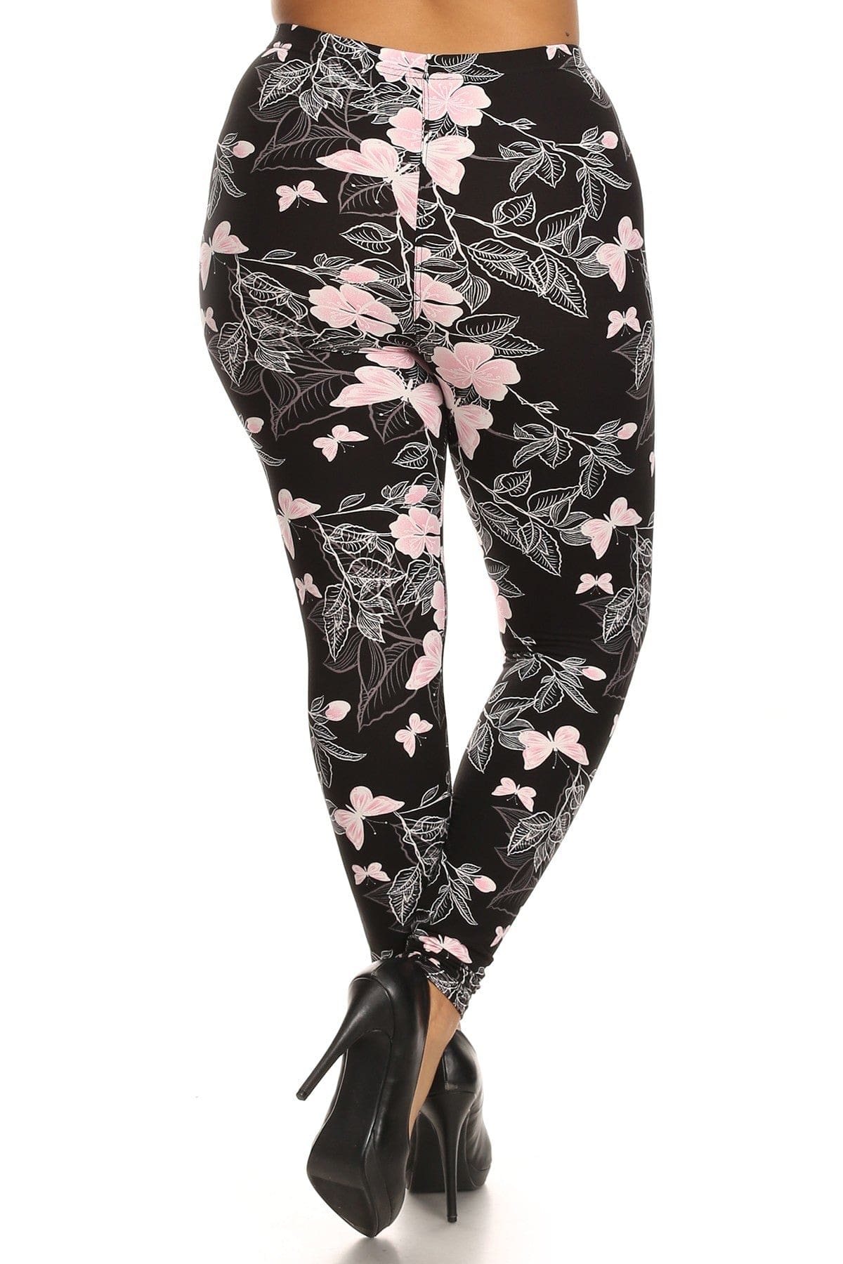 Plus Size Super Soft Peach Skin Fabric, Butterfly Graphic Printed Knit Legging With Elastic Waist Detail - Body By J'ne