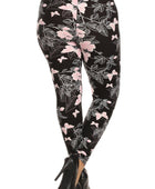 Plus Size Super Soft Peach Skin Fabric, Butterfly Graphic Printed Knit Legging With Elastic Waist Detail - Body By J'ne