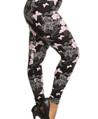 Plus Size Super Soft Peach Skin Fabric, Butterfly Graphic Printed Knit Legging With Elastic Waist Detail - Body By J'ne