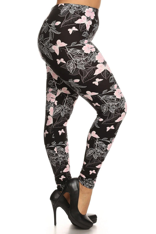 Plus Size Super Soft Peach Skin Fabric, Butterfly Graphic Printed Knit Legging With Elastic Waist Detail - Body By J'ne