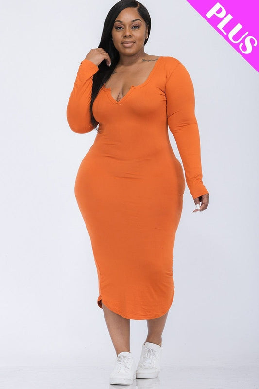 Plus Size Split Neck Long Sleeve Midi Dress - Body By J'ne