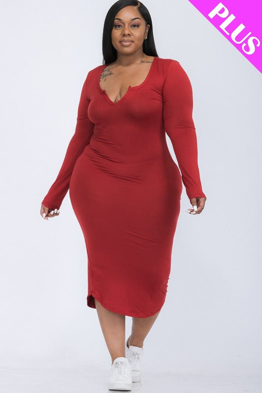 Plus Size Split Neck Long Sleeve Midi Dress - Body By J'ne