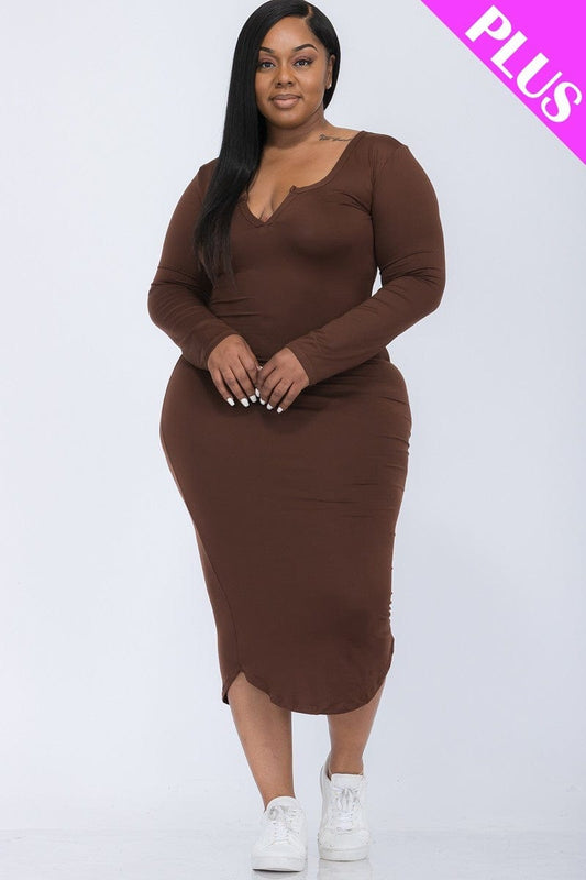 Plus Size Split Neck Long Sleeve Midi Dress - Body By J'ne