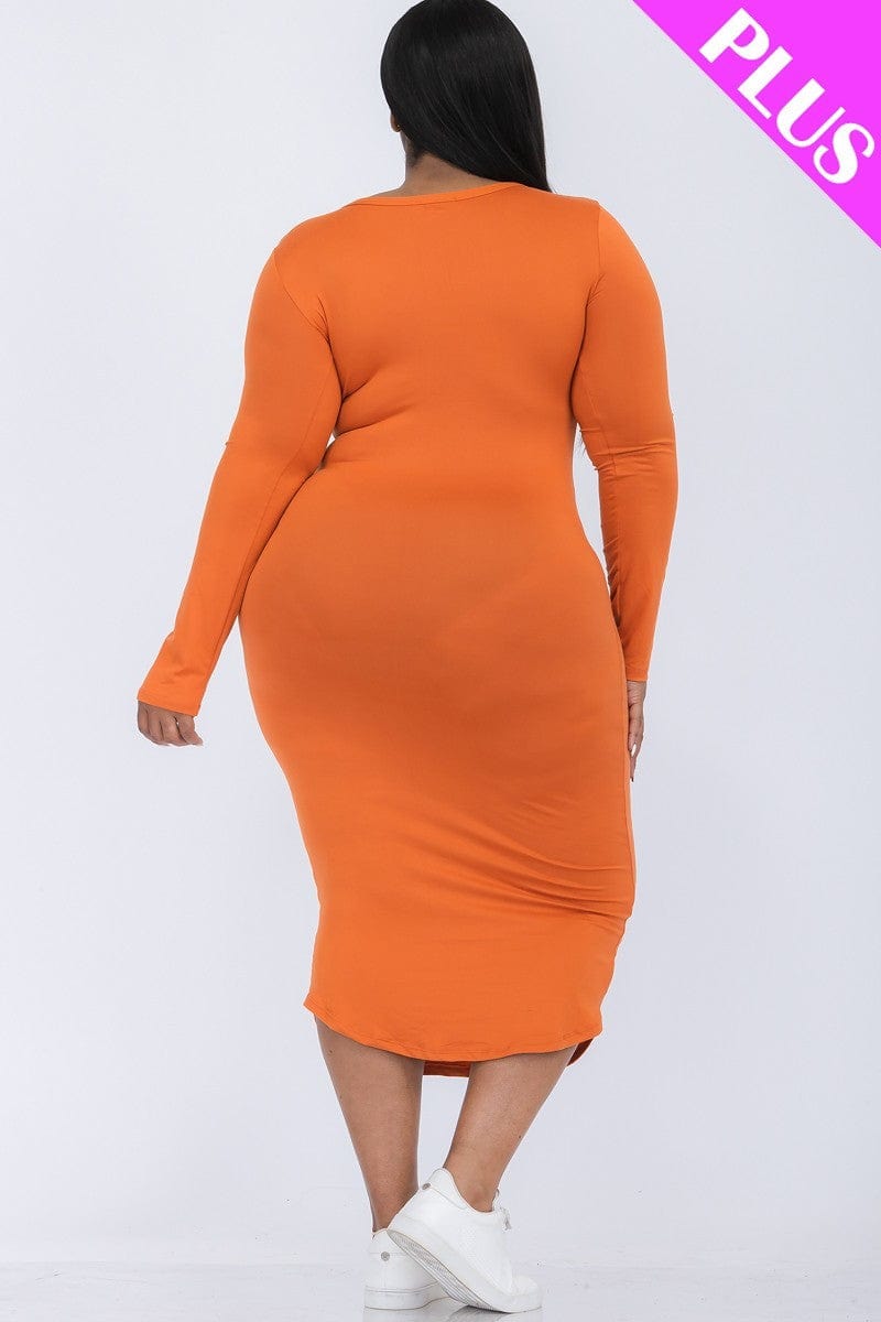 Plus Size Split Neck Long Sleeve Midi Dress - Body By J'ne