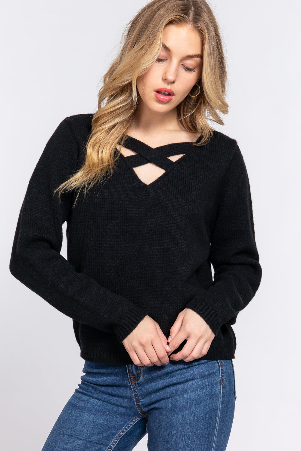 Long Slv X Strap V-neck Sweater - Body By J'ne