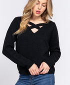 Long Slv X Strap V-neck Sweater - Body By J'ne