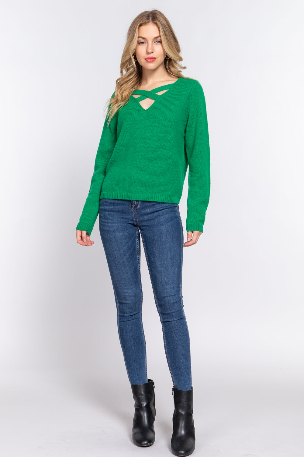 Long Slv X Strap V-neck Sweater - Body By J'ne