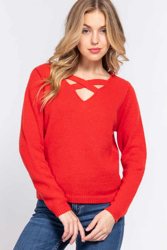 Long Slv X Strap V-neck Sweater - Body By J'ne