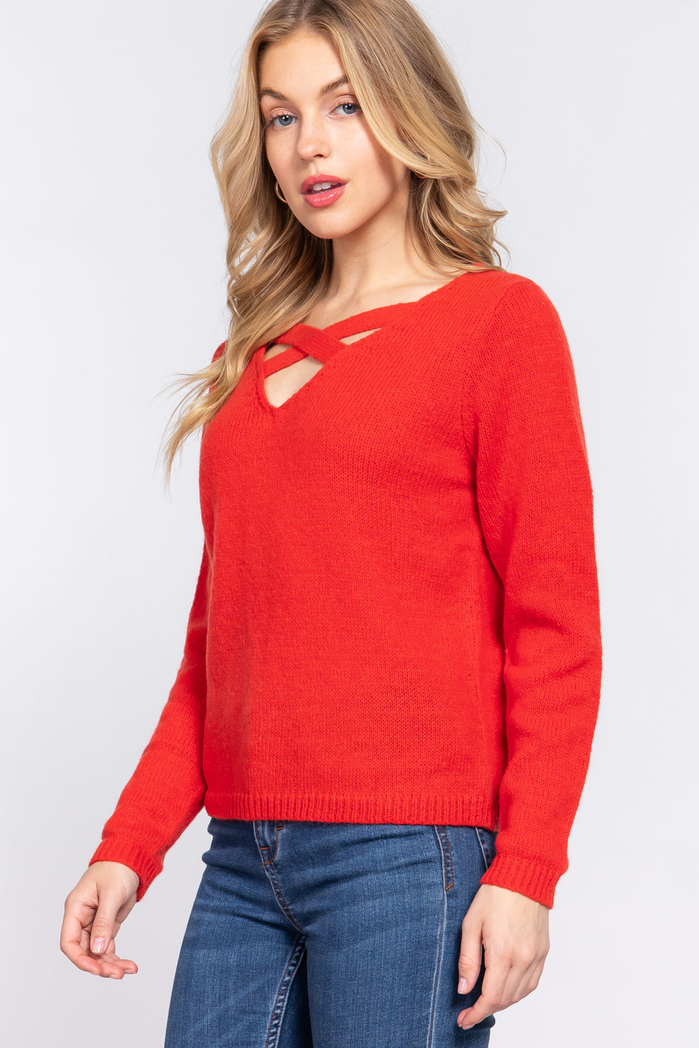 Long Slv X Strap V-neck Sweater - Body By J'ne